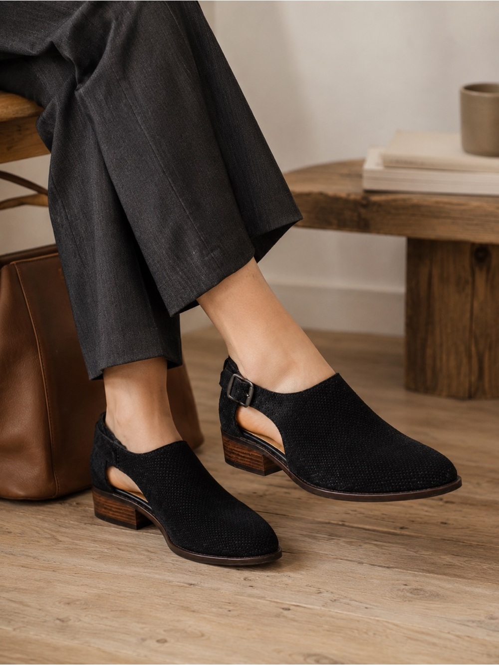Crown Vintage Black Suede Cutout Ankle Strap Bootie Western
